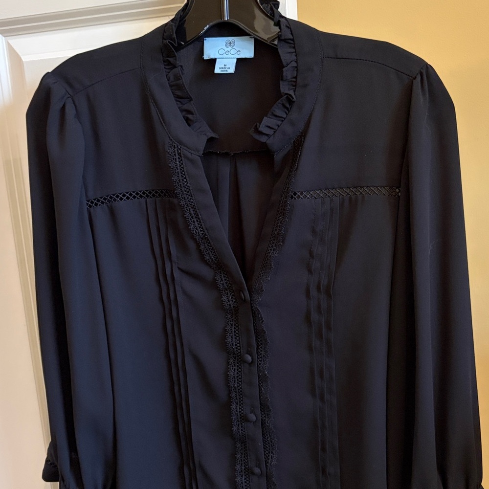 CeCe Black Blouse with Lace Trim - Picture 2 of 7